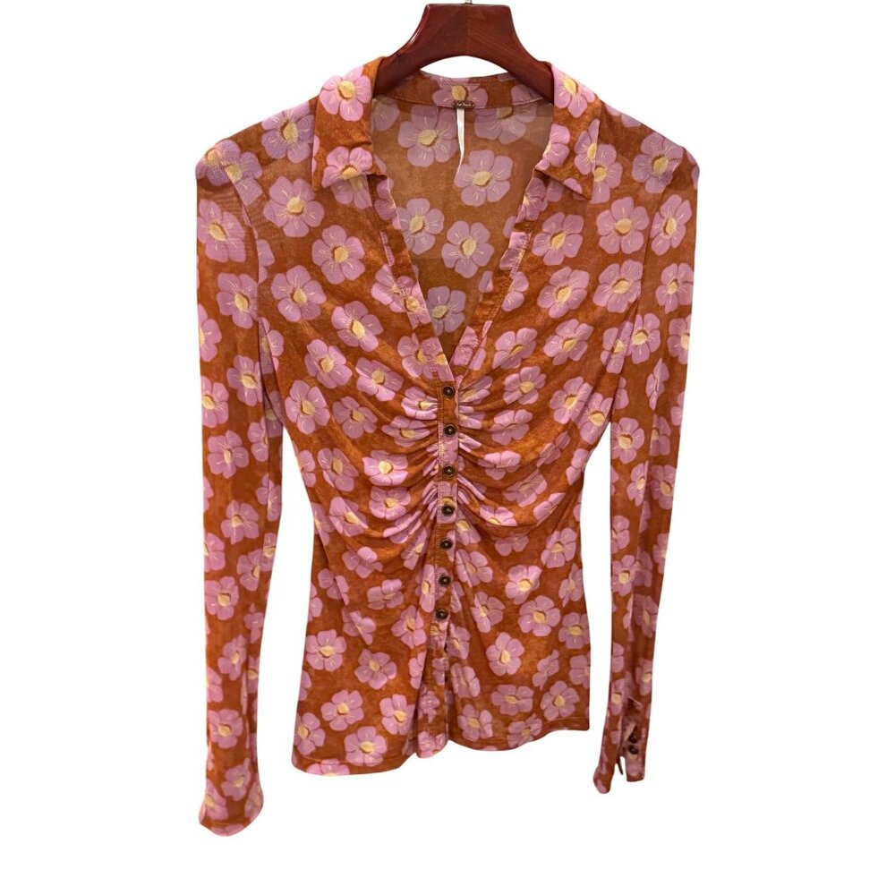 Free People “Just Jill” Mesh Ruched Button Front Top Sz Small  Floral Brown/Pink